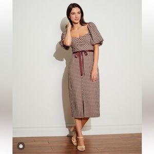 Antonio Melani Donna Wool Blend Plaid Print Square Neck Short Puff Sleeve Front.